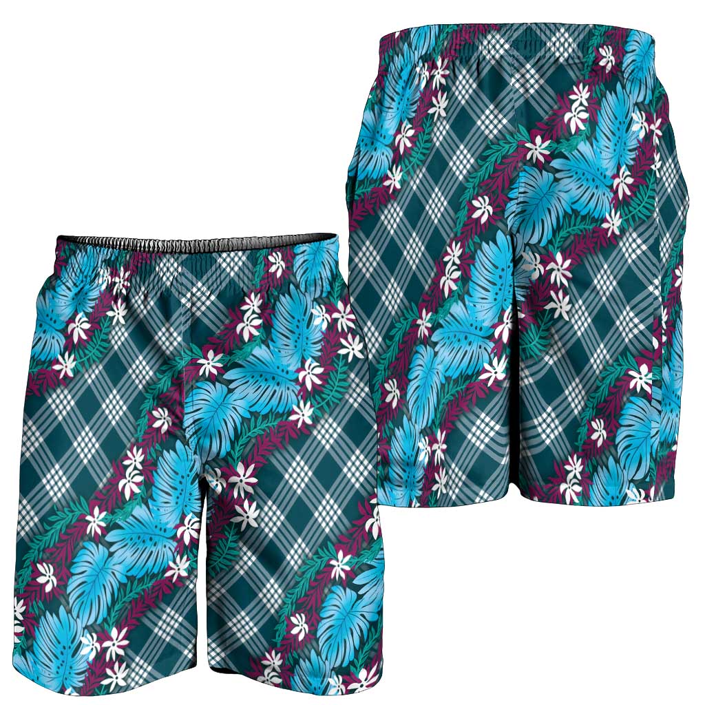 Polynesian Monstera Tiare Floral Shorts for Men Dark Teal Tropical Plaid LT01 - Polynesian Pride