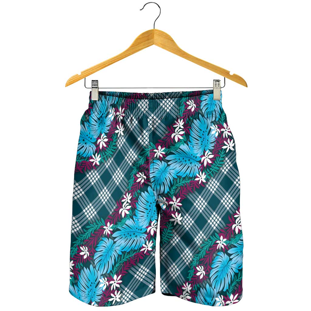 Polynesian Monstera Tiare Floral Shorts for Men Dark Teal Tropical Plaid LT01 - Polynesian Pride