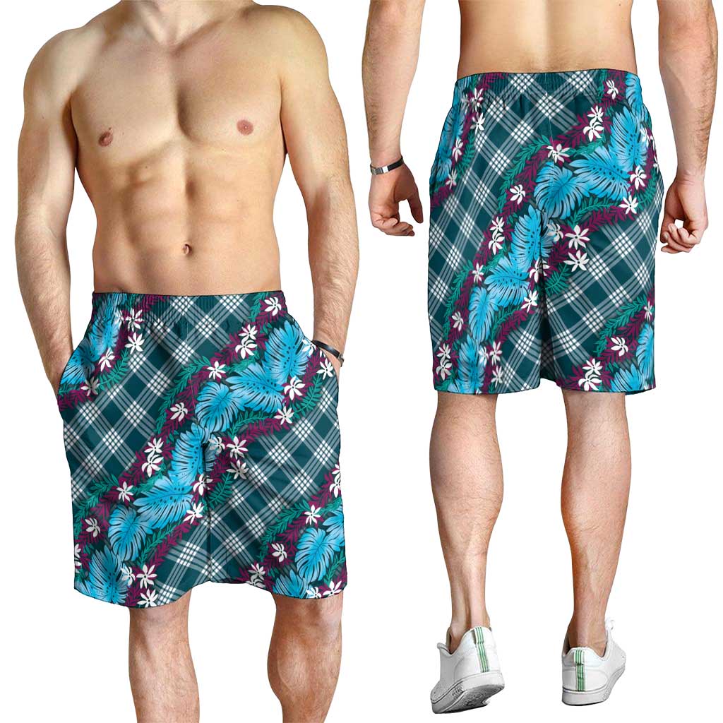 Polynesian Monstera Tiare Floral Shorts for Men Dark Teal Tropical Plaid LT01 - Polynesian Pride