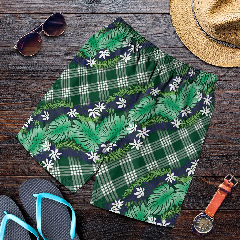 Polynesian Monstera Tiare Floral Shorts for Men Forest Green Tropical Plaid LT01 Green - Polynesian Pride