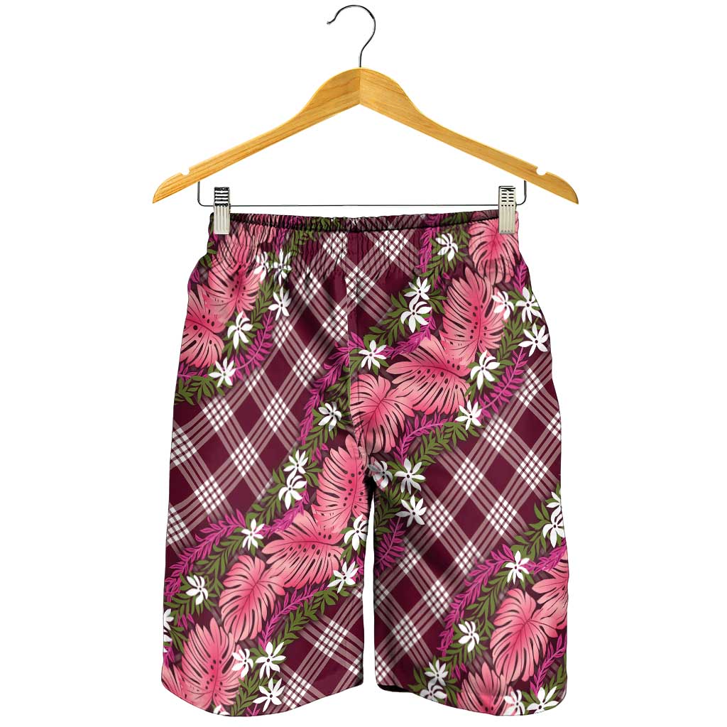 Polynesian Monstera Tiare Floral Shorts for Men Fuchsia Tropical Plaid LT01 - Polynesian Pride