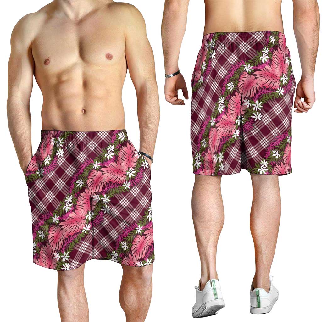 Polynesian Monstera Tiare Floral Shorts for Men Fuchsia Tropical Plaid LT01 - Polynesian Pride
