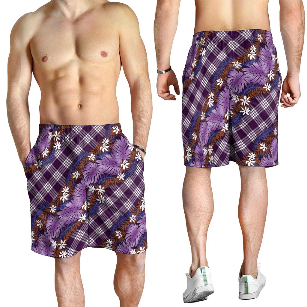 Polynesian Monstera Tiare Floral Shorts for Men Lavender Tropical Plaid LT01 - Polynesian Pride