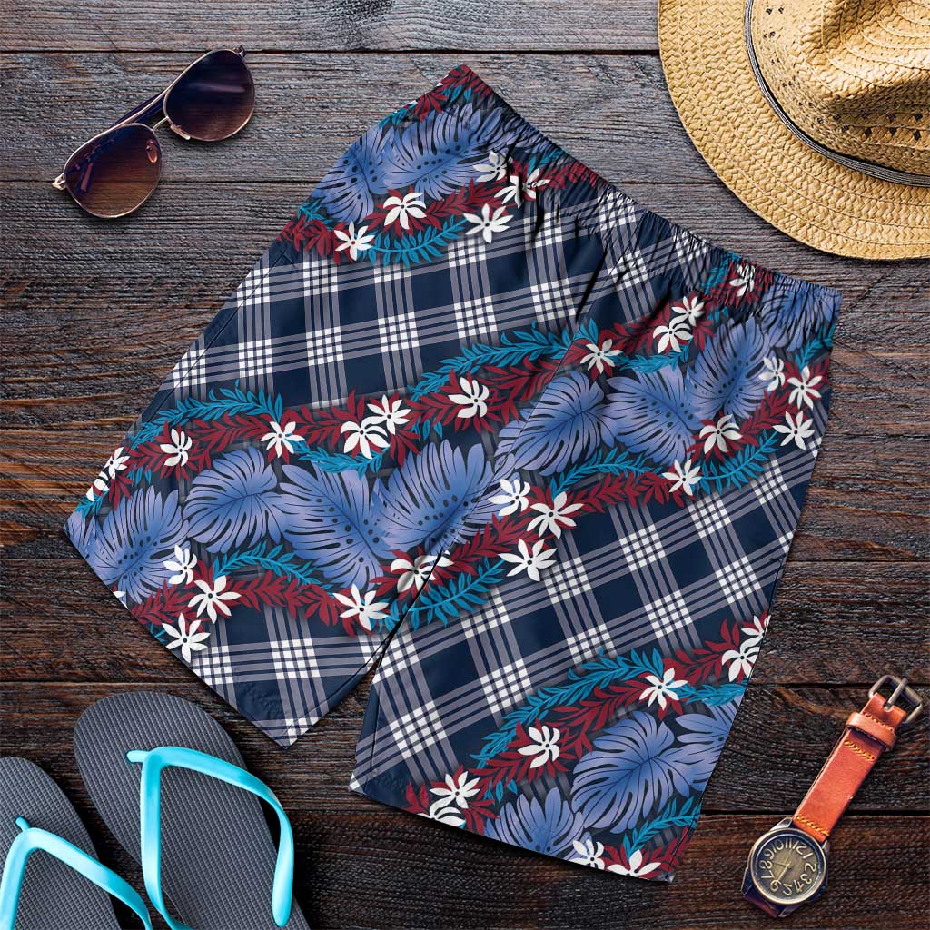 Polynesian Monstera Tiare Floral Shorts for Men Royal Blue Tropical Plaid LT01 Blue - Polynesian Pride