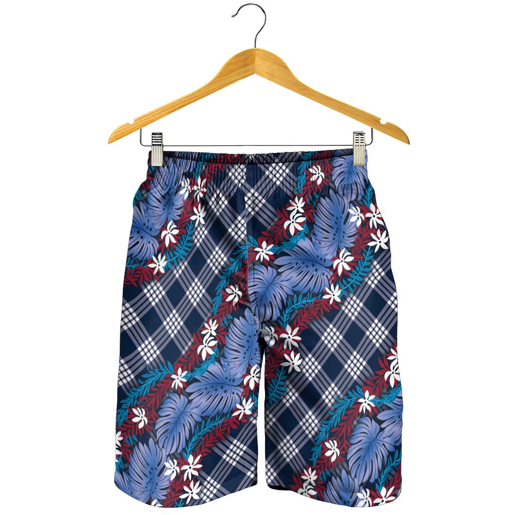 Polynesian Monstera Tiare Floral Shorts for Men Royal Blue Tropical Plaid LT01 - Polynesian Pride