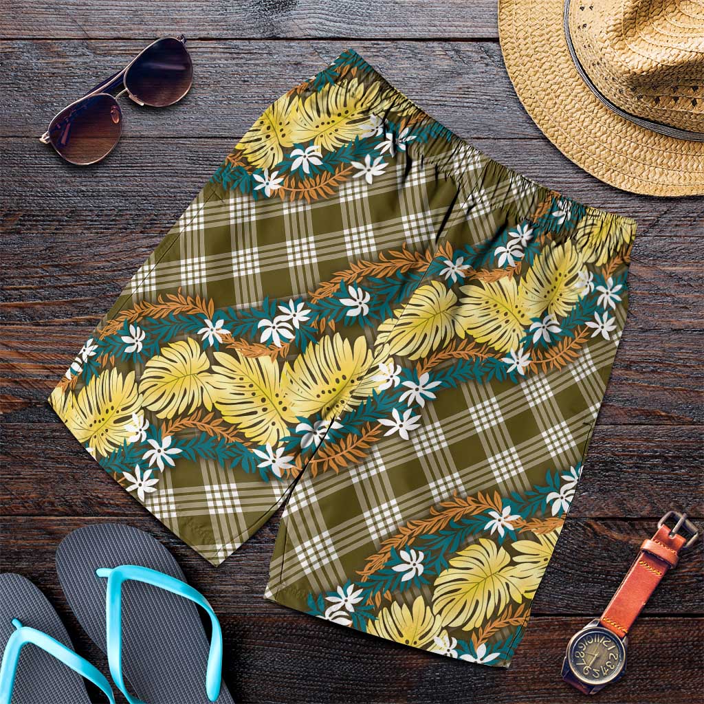 Polynesian Monstera Tiare Floral Shorts for Men Yellow Tropical Plaid LT01 Yellow - Polynesian Pride
