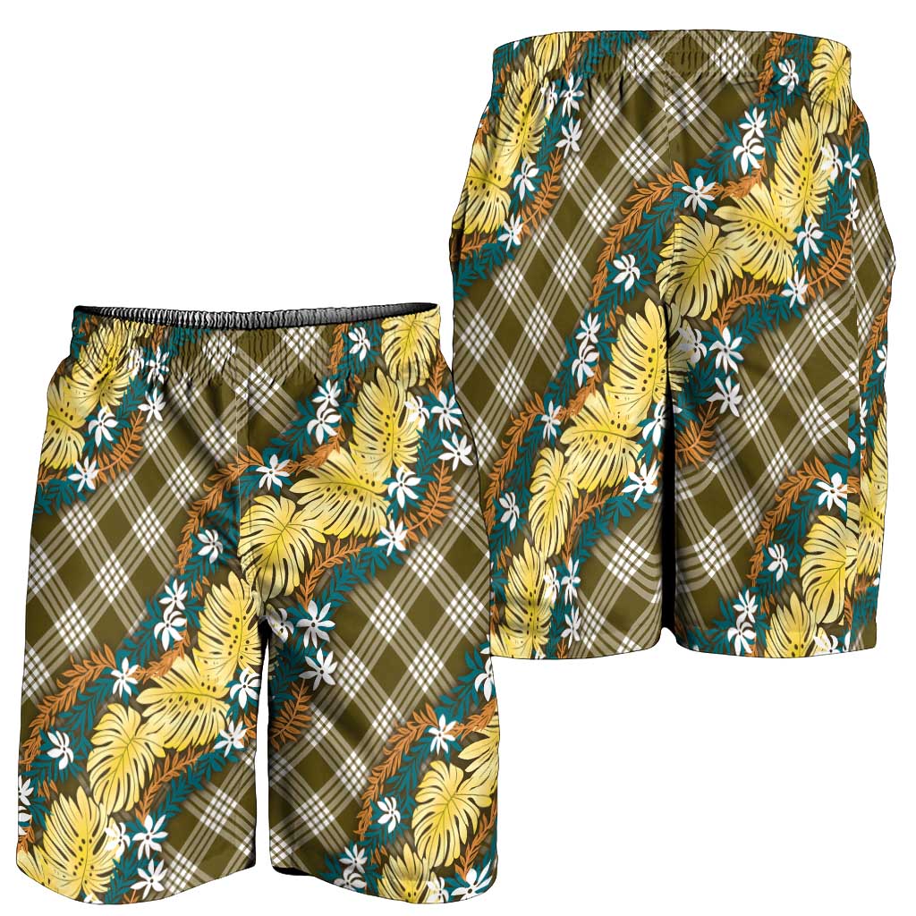 Polynesian Monstera Tiare Floral Shorts for Men Yellow Tropical Plaid LT01 - Polynesian Pride