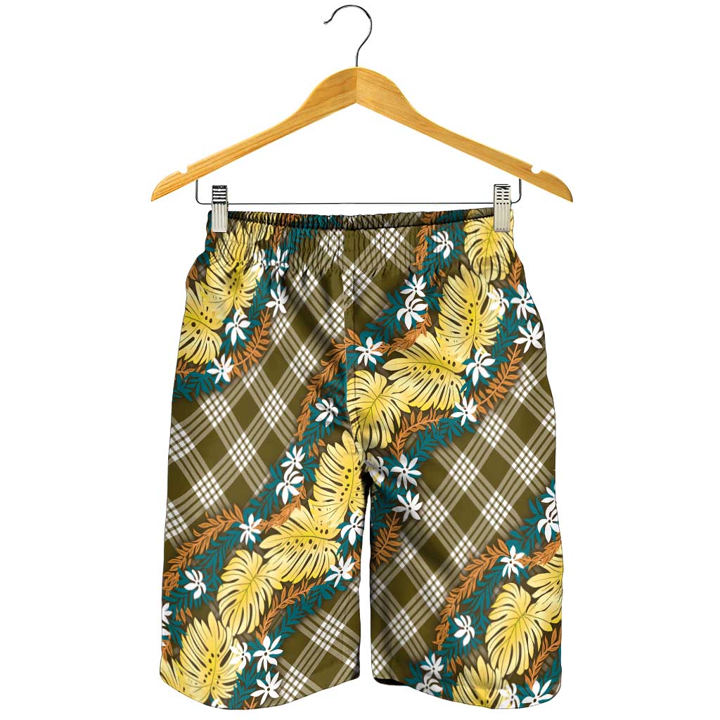 Polynesian Monstera Tiare Floral Shorts for Men Yellow Tropical Plaid LT01 - Polynesian Pride
