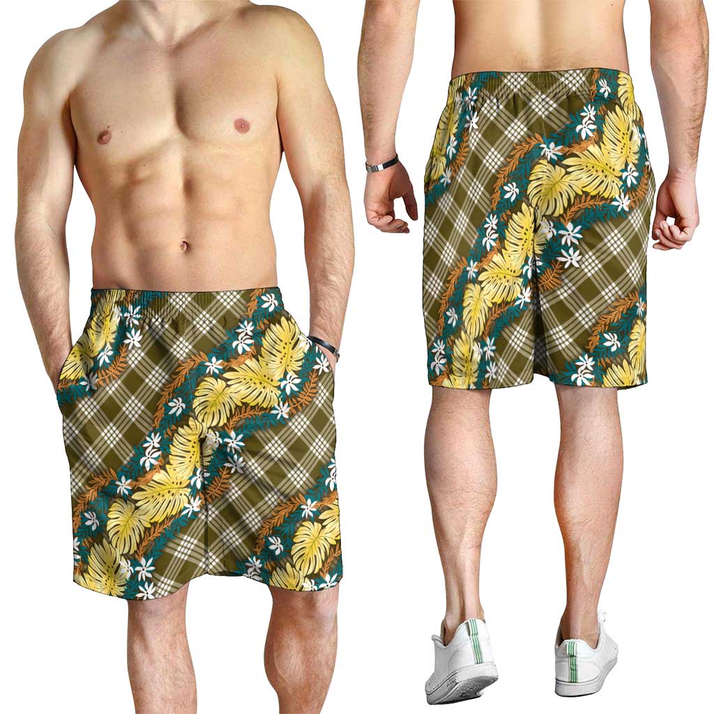 Polynesian Monstera Tiare Floral Shorts for Men Yellow Tropical Plaid LT01 - Polynesian Pride