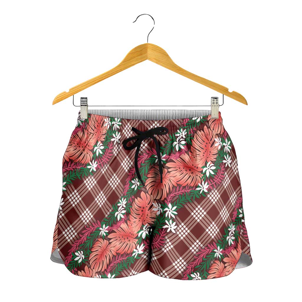 Polynesian Monstera Tiare Floral Shorts for Women Burgundy Tropical Plaid LT01 - Polynesian Pride