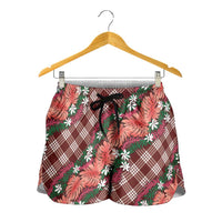 Polynesian Monstera Tiare Floral Shorts for Women Burgundy Tropical Plaid LT01 - Polynesian Pride