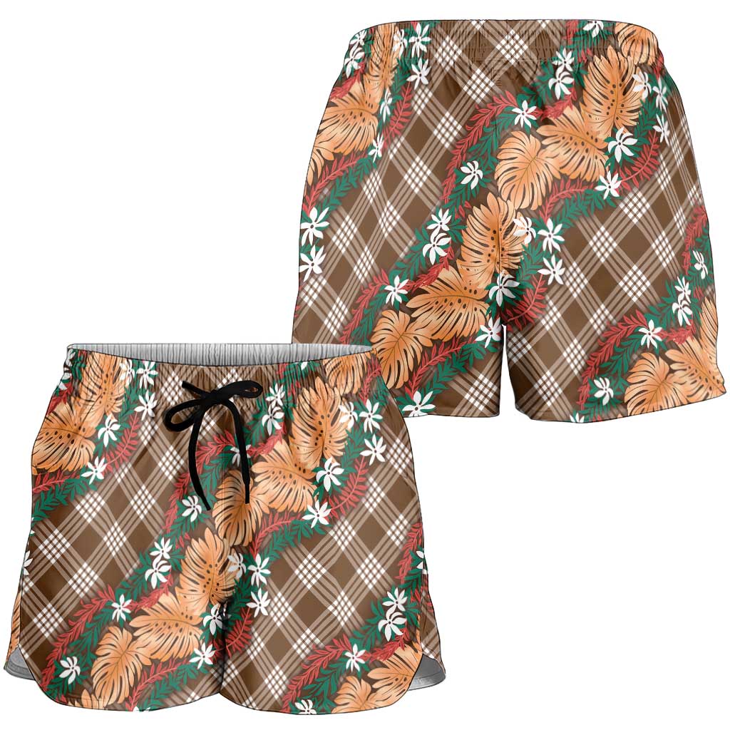 Polynesian Monstera Tiare Floral Shorts for Women Chocolate Brown Tropical Plaid LT01 - Polynesian Pride