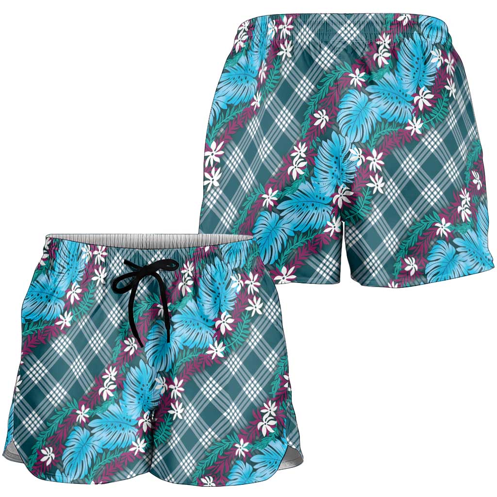 Polynesian Monstera Tiare Floral Shorts for Women Dark Teal Tropical Plaid LT01 - Polynesian Pride