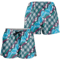 Polynesian Monstera Tiare Floral Shorts for Women Dark Teal Tropical Plaid LT01 - Polynesian Pride