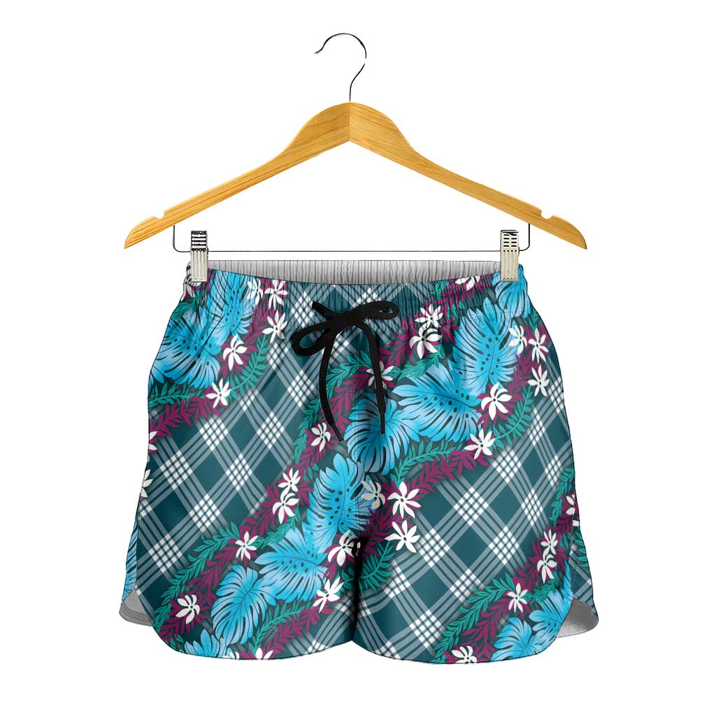 Polynesian Monstera Tiare Floral Shorts for Women Dark Teal Tropical Plaid LT01 - Polynesian Pride