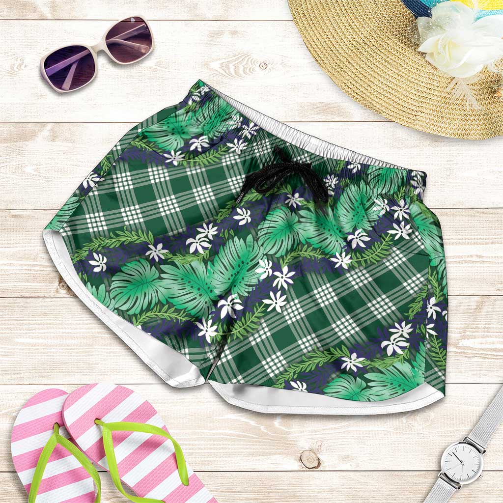 Polynesian Monstera Tiare Floral Shorts for Women Forest Green Tropical Plaid LT01 Green - Polynesian Pride