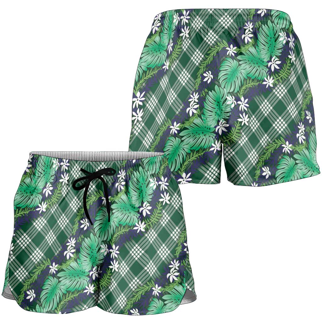 Polynesian Monstera Tiare Floral Shorts for Women Forest Green Tropical Plaid LT01 - Polynesian Pride