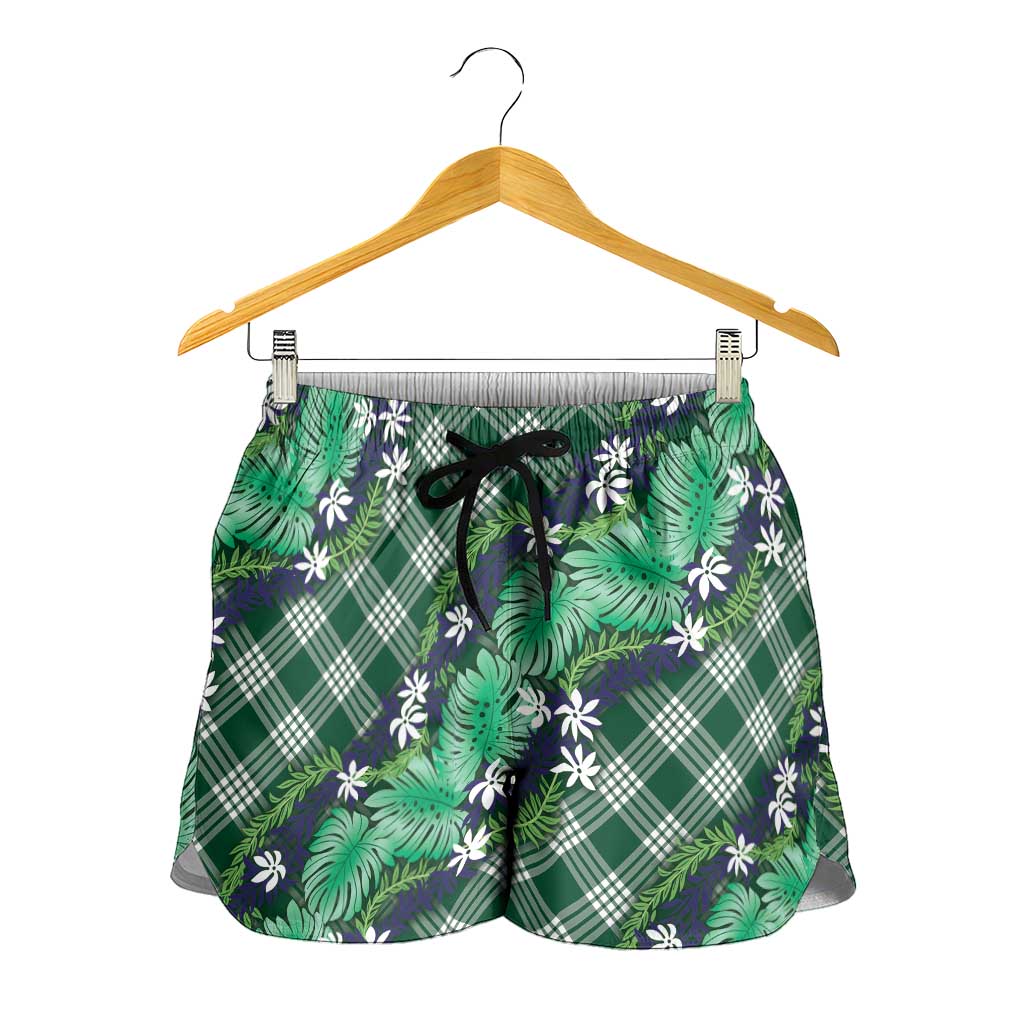 Polynesian Monstera Tiare Floral Shorts for Women Forest Green Tropical Plaid LT01 - Polynesian Pride