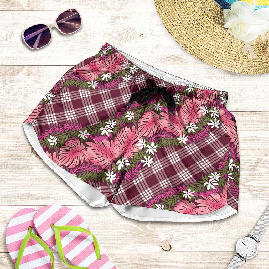 Polynesian Monstera Tiare Floral Shorts for Women Fuchsia Tropical Plaid LT01 Pink - Polynesian Pride