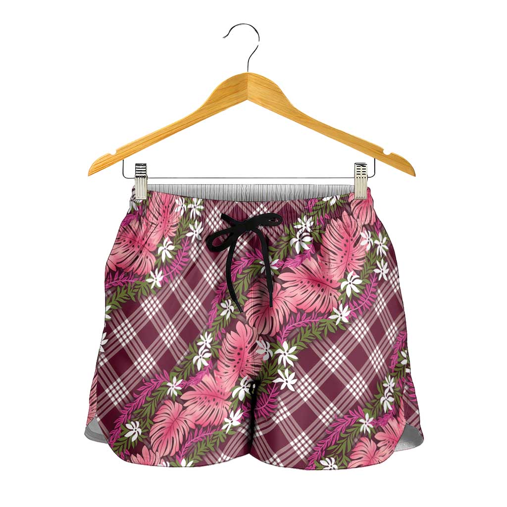Polynesian Monstera Tiare Floral Shorts for Women Fuchsia Tropical Plaid LT01 - Polynesian Pride