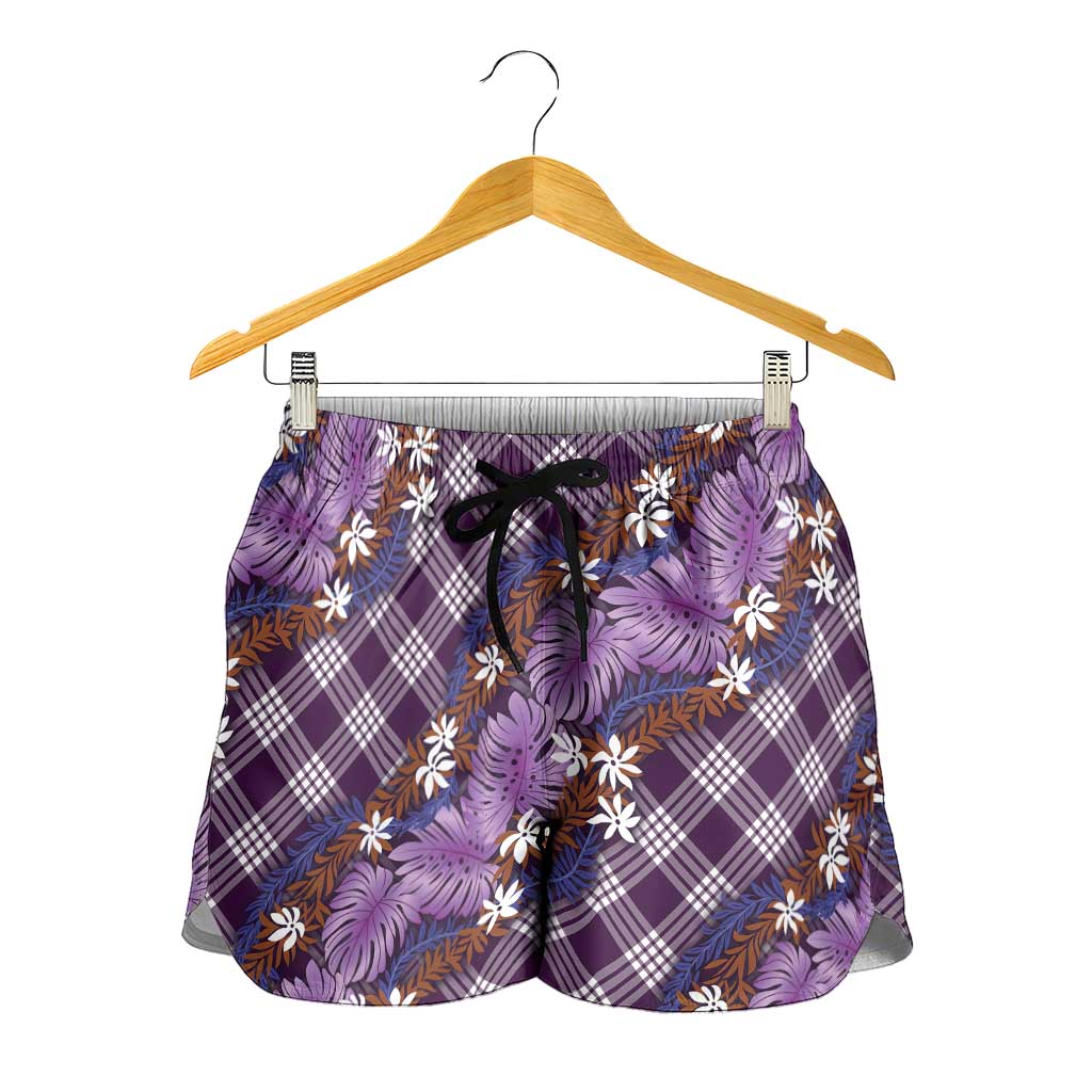 Polynesian Monstera Tiare Floral Shorts for Women Lavender Tropical Plaid LT01 - Polynesian Pride