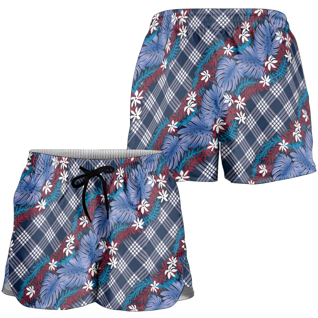 Polynesian Monstera Tiare Floral Shorts for Women Royal Blue Tropical Plaid LT01 - Polynesian Pride