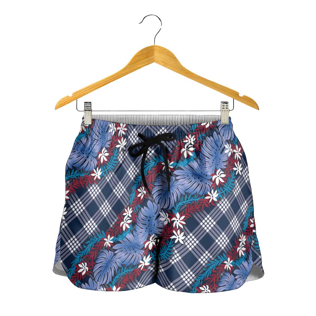 Polynesian Monstera Tiare Floral Shorts for Women Royal Blue Tropical Plaid LT01 - Polynesian Pride