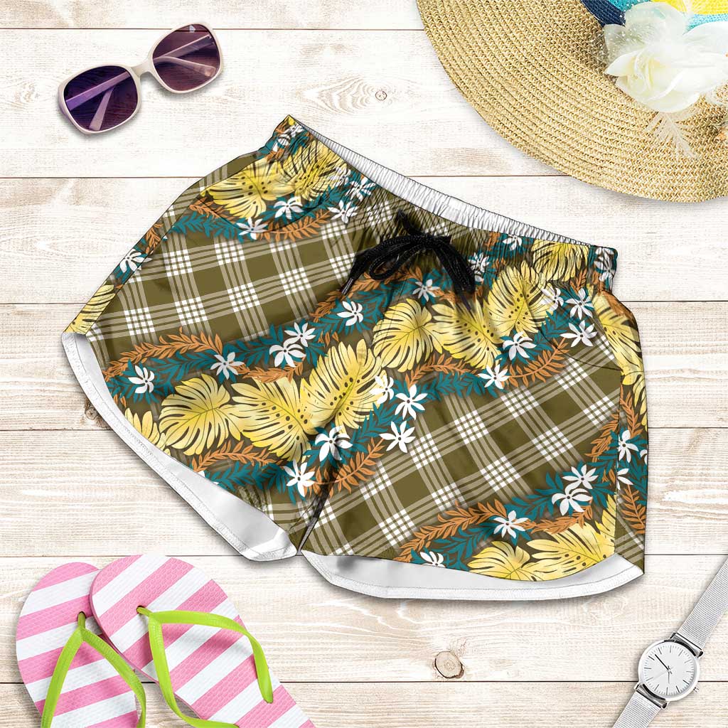 Polynesian Monstera Tiare Floral Shorts for Women Yellow Tropical Plaid LT01 Yellow - Polynesian Pride