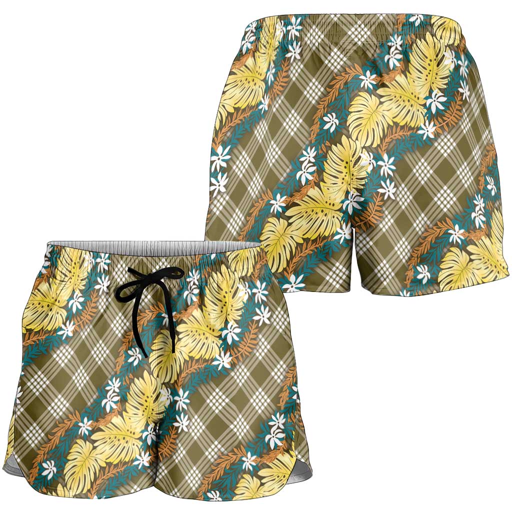 Polynesian Monstera Tiare Floral Shorts for Women Yellow Tropical Plaid LT01 - Polynesian Pride