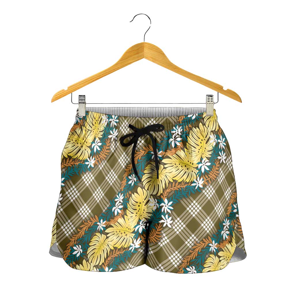 Polynesian Monstera Tiare Floral Shorts for Women Yellow Tropical Plaid LT01 - Polynesian Pride