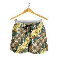 Polynesian Monstera Tiare Floral Shorts for Women Yellow Tropical Plaid LT01 - Polynesian Pride