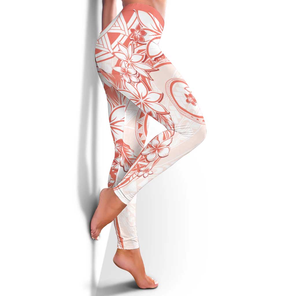 Polynesian Pattern With Plumeria Flowers Leggings Orange Peach - Polynesian Pride