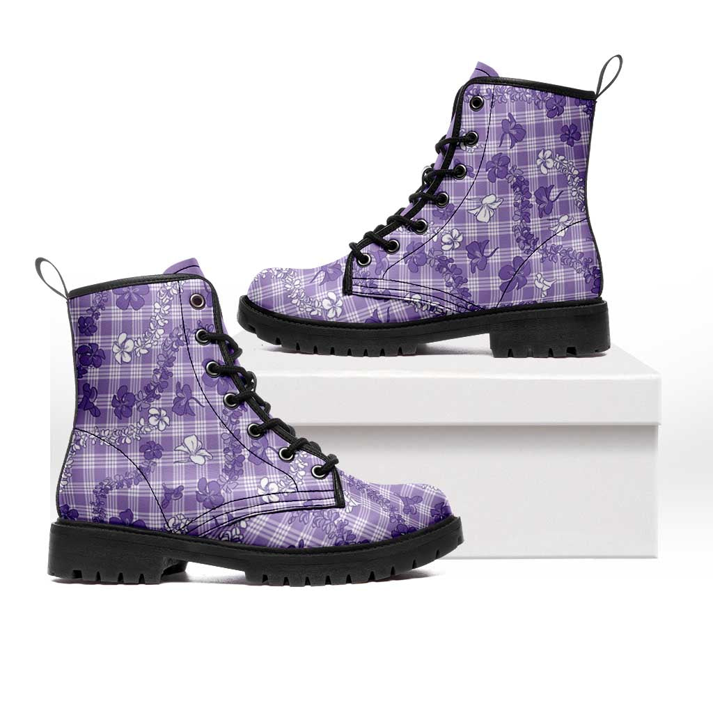 Poni Aloha Hawaii Leather Boots Plumeria Lei With Palaka Motif - Polynesian Pride