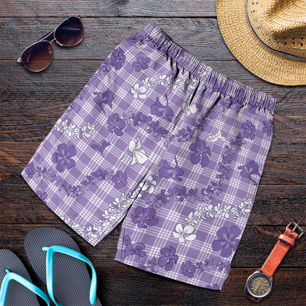 Poni Aloha Hawaii Shorts for Men Plumeria Lei With Palaka Motif LT14 Purple - Polynesian Pride