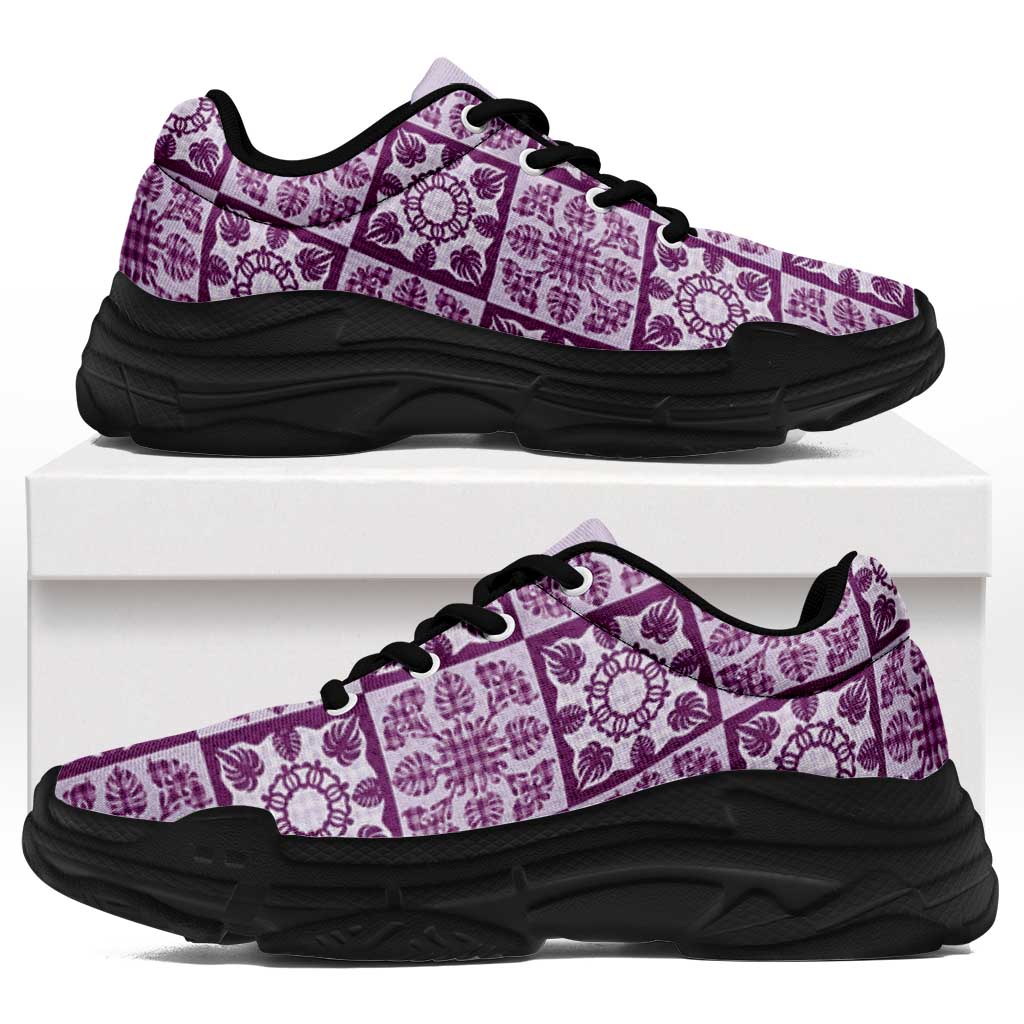 Poni Palaka Quilt Hawaii Chunky Sneakers Hawaiian Tropical Monstera Sea Turtle LT14 Purple - Polynesian Pride