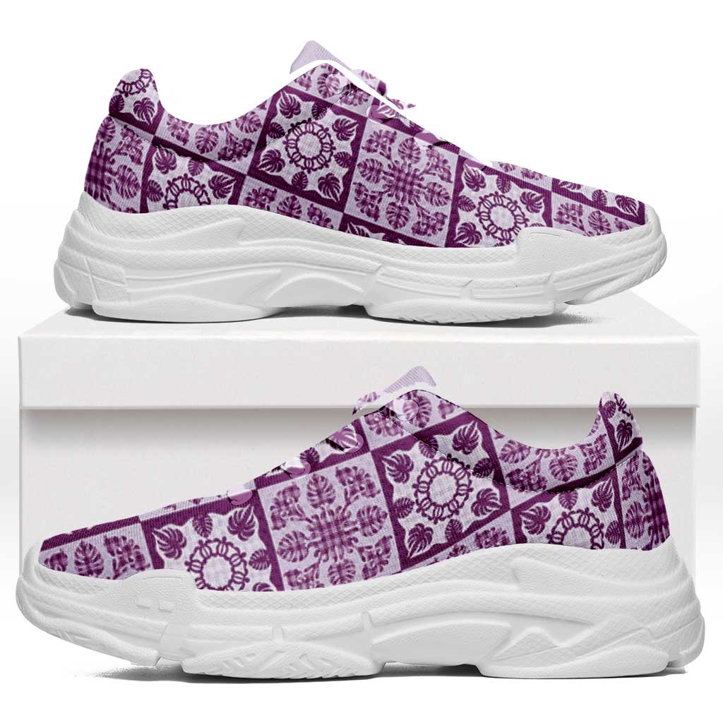 Poni Palaka Quilt Hawaii Chunky Sneakers Hawaiian Tropical Monstera Sea Turtle LT14 Purple - Polynesian Pride