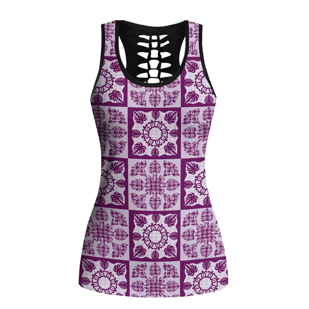 Poni Palaka Quilt Hawaii Hollow Tank Top Hawaiian Tropical Monstera Sea Turtle LT14 Female Purple - Polynesian Pride
