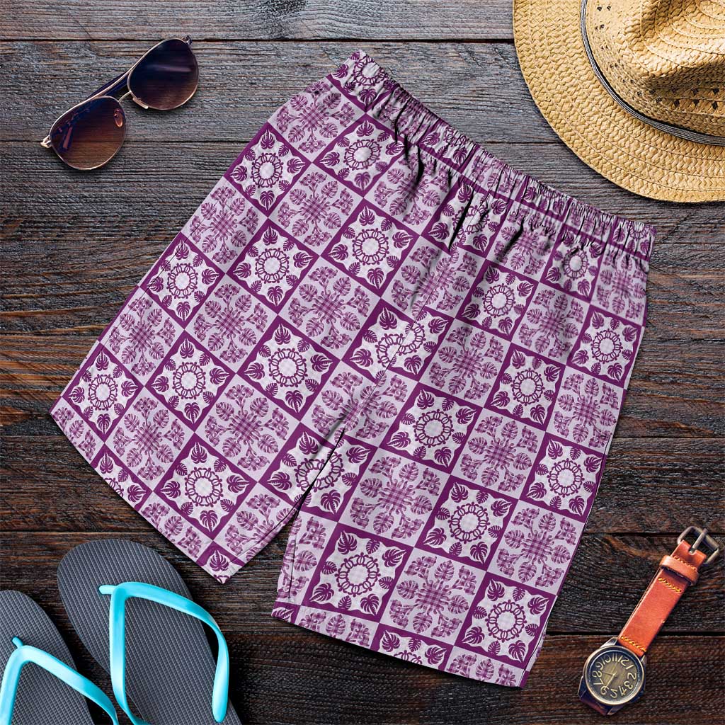 Poni Palaka Quilt Hawaii Shorts for Men Hawaiian Tropical Monstera Sea Turtle LT14 Purple - Polynesian Pride