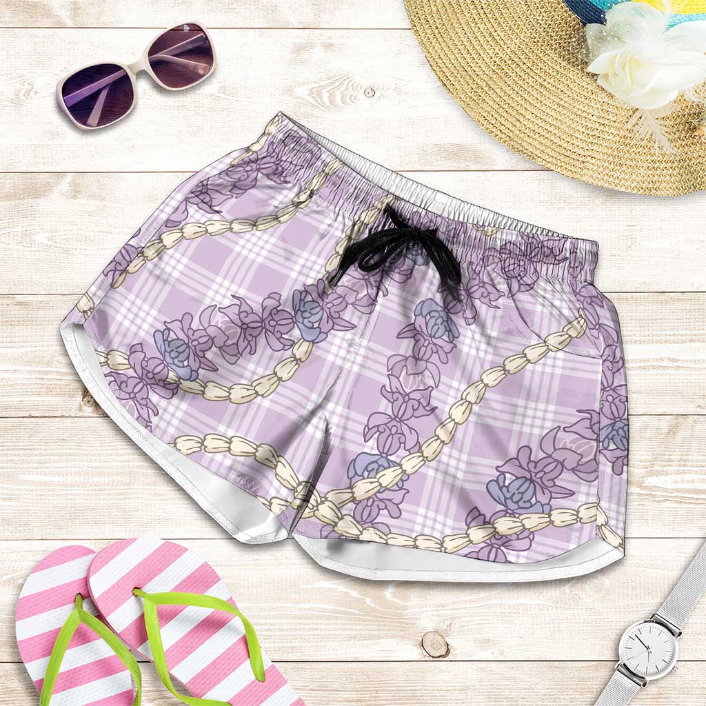 Pua Kalaunu Lei Shorts for Women Palaka Pattern LT01 Purple - Polynesian Pride