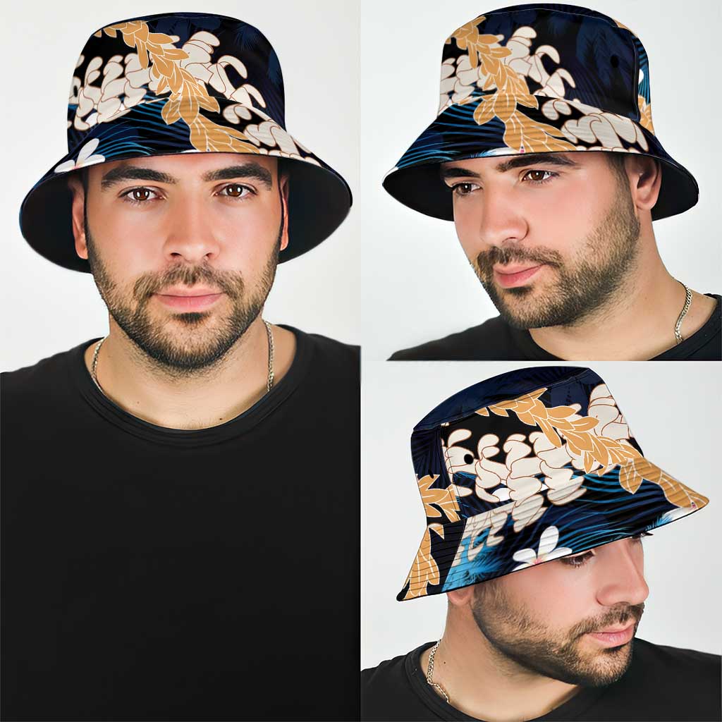 Puakenikeni Maile Lei Bucket Hat Frangipani Blue Tropical Leaves LT01 - Polynesian Pride