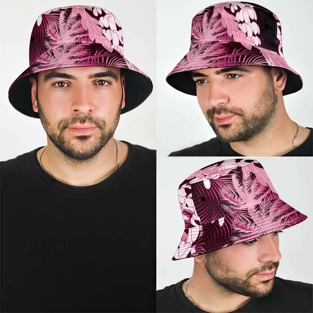 Puakenikeni Maile Lei Bucket Hat Frangipani Pink Tropical Leaves LT01 - Polynesian Pride