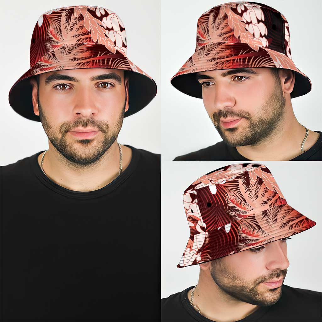 Puakenikeni Maile Lei Bucket Hat Frangipani Red Tropical Leaves LT01 - Polynesian Pride
