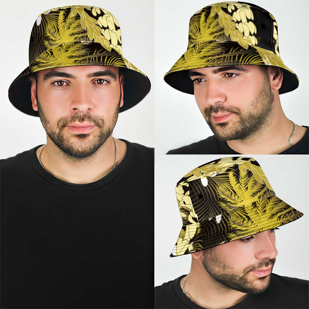 Puakenikeni Maile Lei Bucket Hat Frangipani Yellow Tropical Leaves LT01 - Polynesian Pride