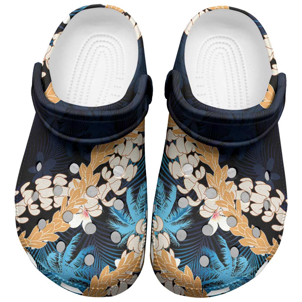 Puakenikeni Maile Lei Clogs Shoes Frangipani Blue Tropical Leaves