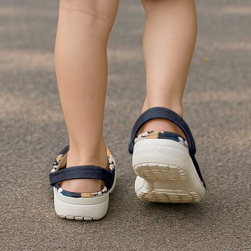 Puakenikeni Maile Lei Clogs Shoes Frangipani Blue Tropical Leaves LT01 - Polynesian Pride