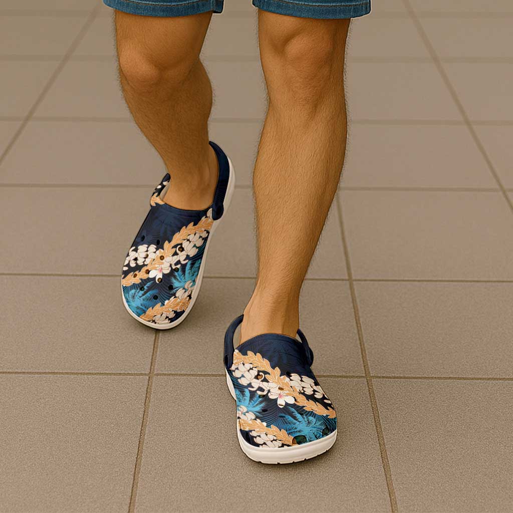 Puakenikeni Maile Lei Clogs Shoes Frangipani Blue Tropical Leaves LT01 - Polynesian Pride