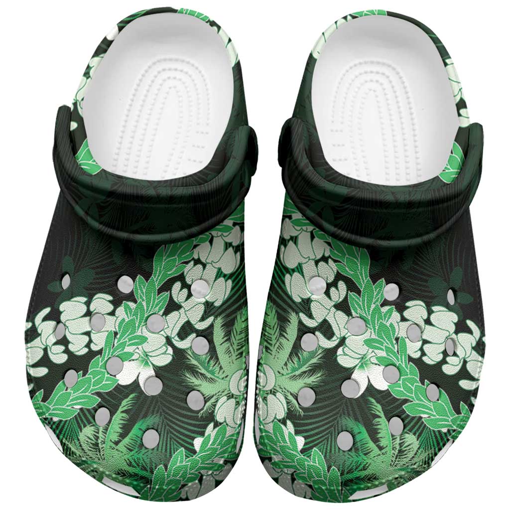 Puakenikeni Maile Lei Clogs Shoes Frangipani Green Tropical Leaves