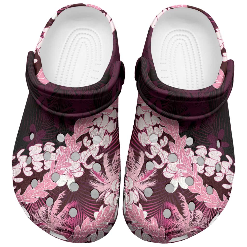 Puakenikeni Maile Lei Clogs Shoes Frangipani Pink Tropical Leaves