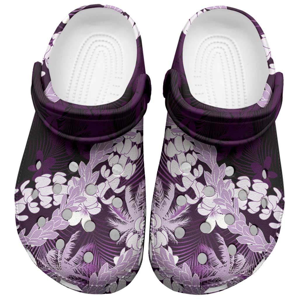 Puakenikeni Maile Lei Clogs Shoes Frangipani Purple Tropical Leaves