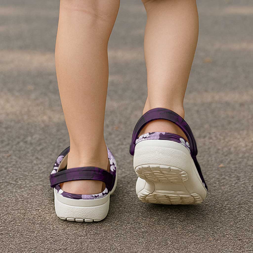Puakenikeni Maile Lei Clogs Shoes Frangipani Purple Tropical Leaves LT01 - Polynesian Pride